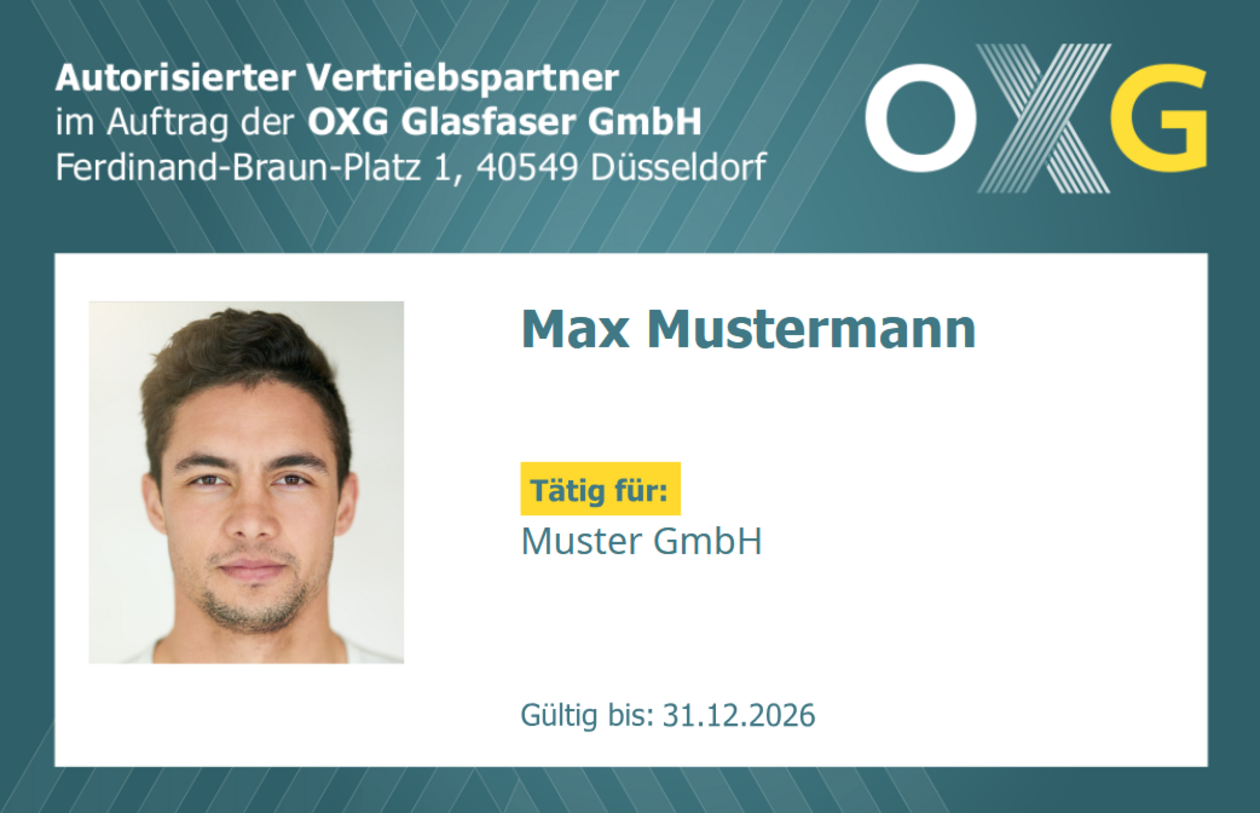 Ein Muster einer Mitarbeitendenausweis im Vertrieb mit Name, beauftragter Firma und Gültigkeitsdatum