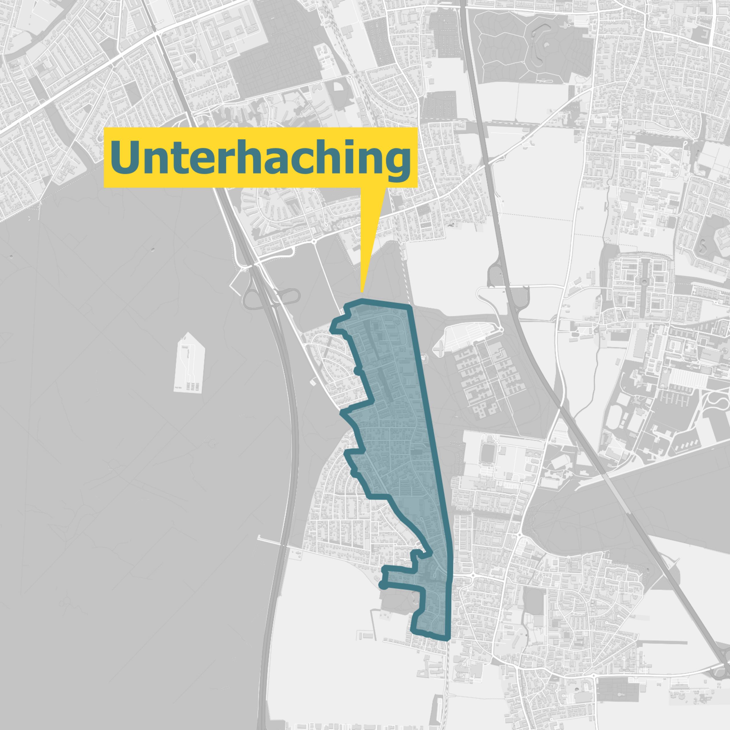 Karte vom Landkreis München mit dem Ausbaugebiet für Glasfaser Unterhaching markiert