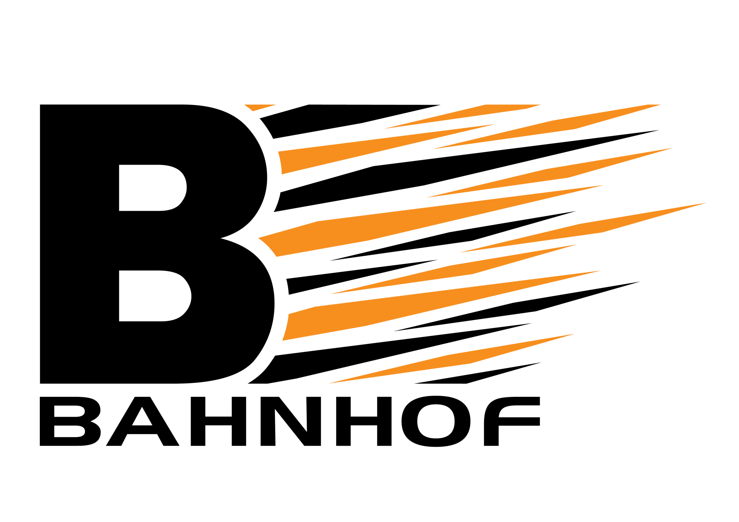 Logo von Bahnhof mit großem B und einem dynamischen orangefarbenen Musters auf schwarzem Hintergrund