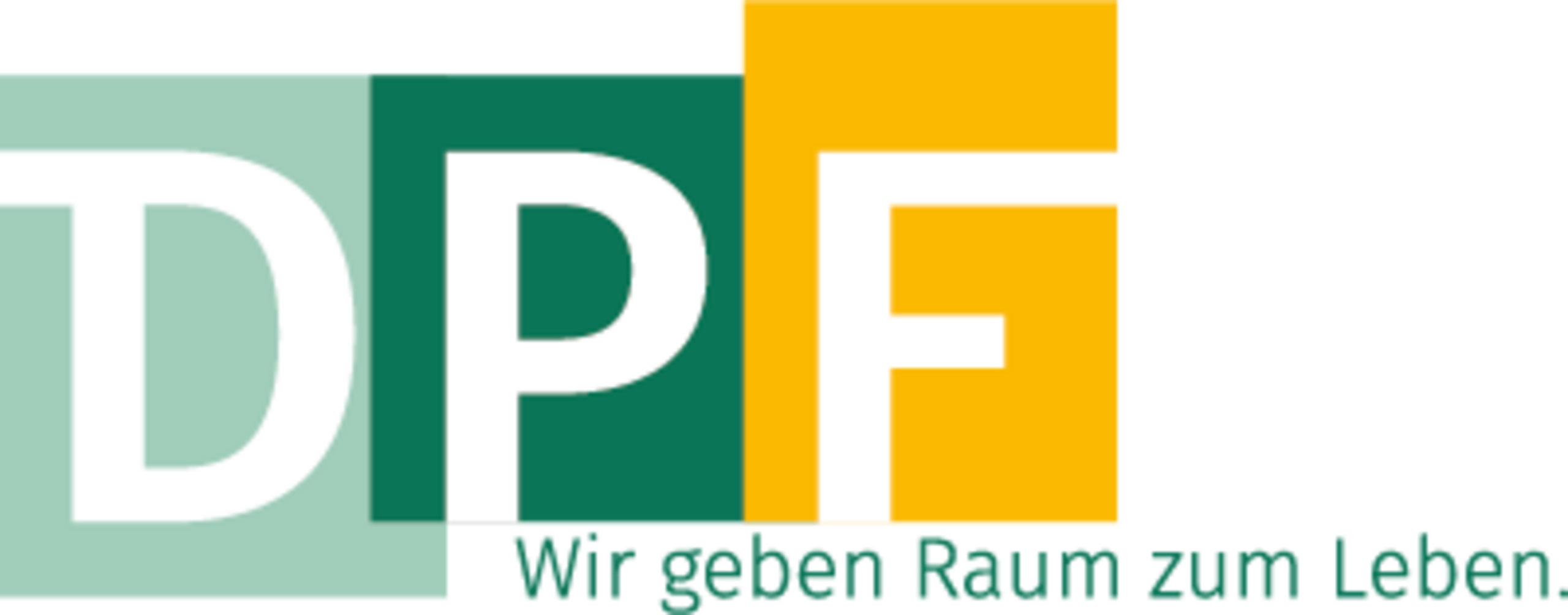 Logo der Wohnungsbaugenossenschaft DPF eG mit dem Slogan „Wir geben Raum zum Leben“