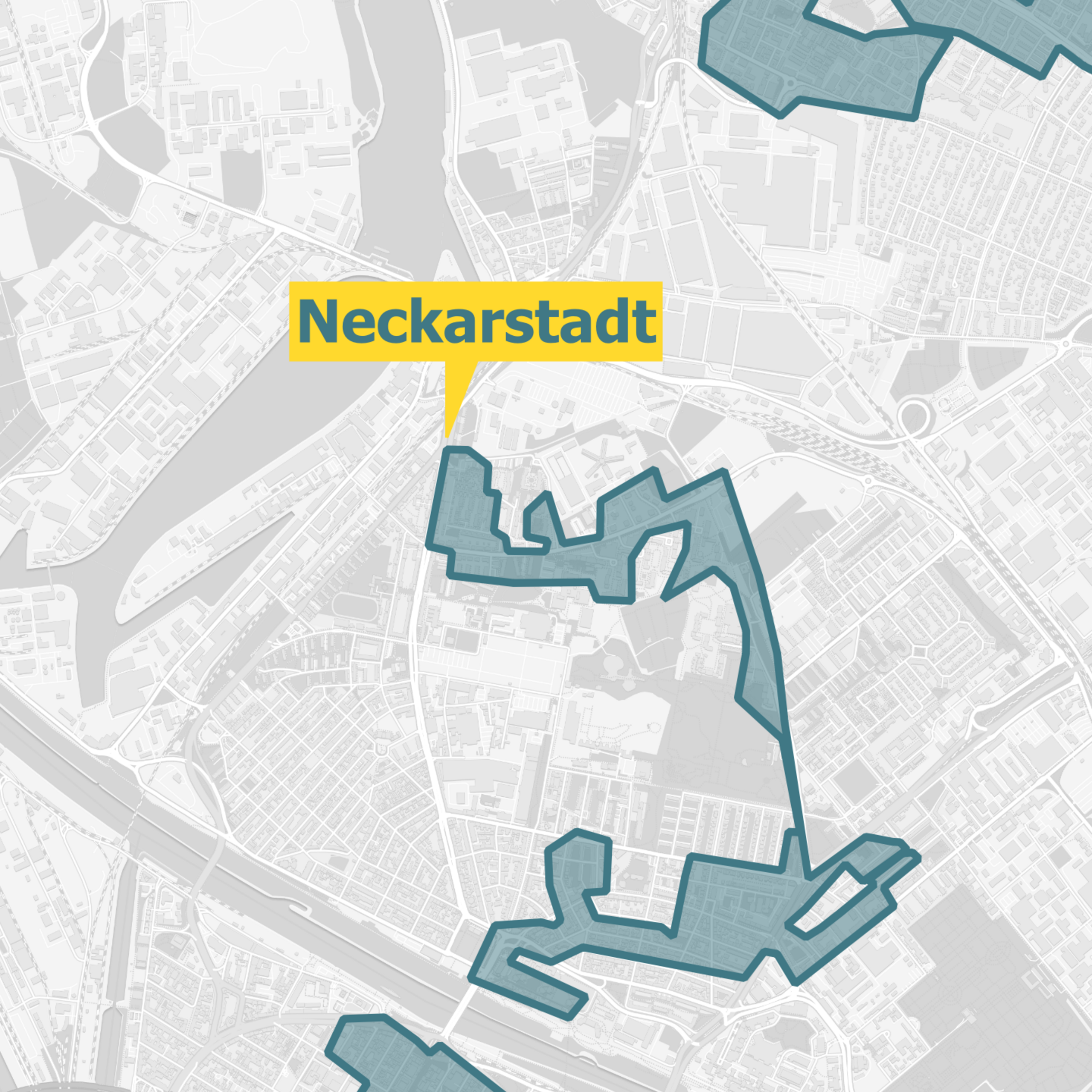 Kartenausschnitt des Glasfaserausbaugebiets OXG in Mannheim-Neckarstadt. Das Ausbaugebiet ist farblich hervorgehoben.