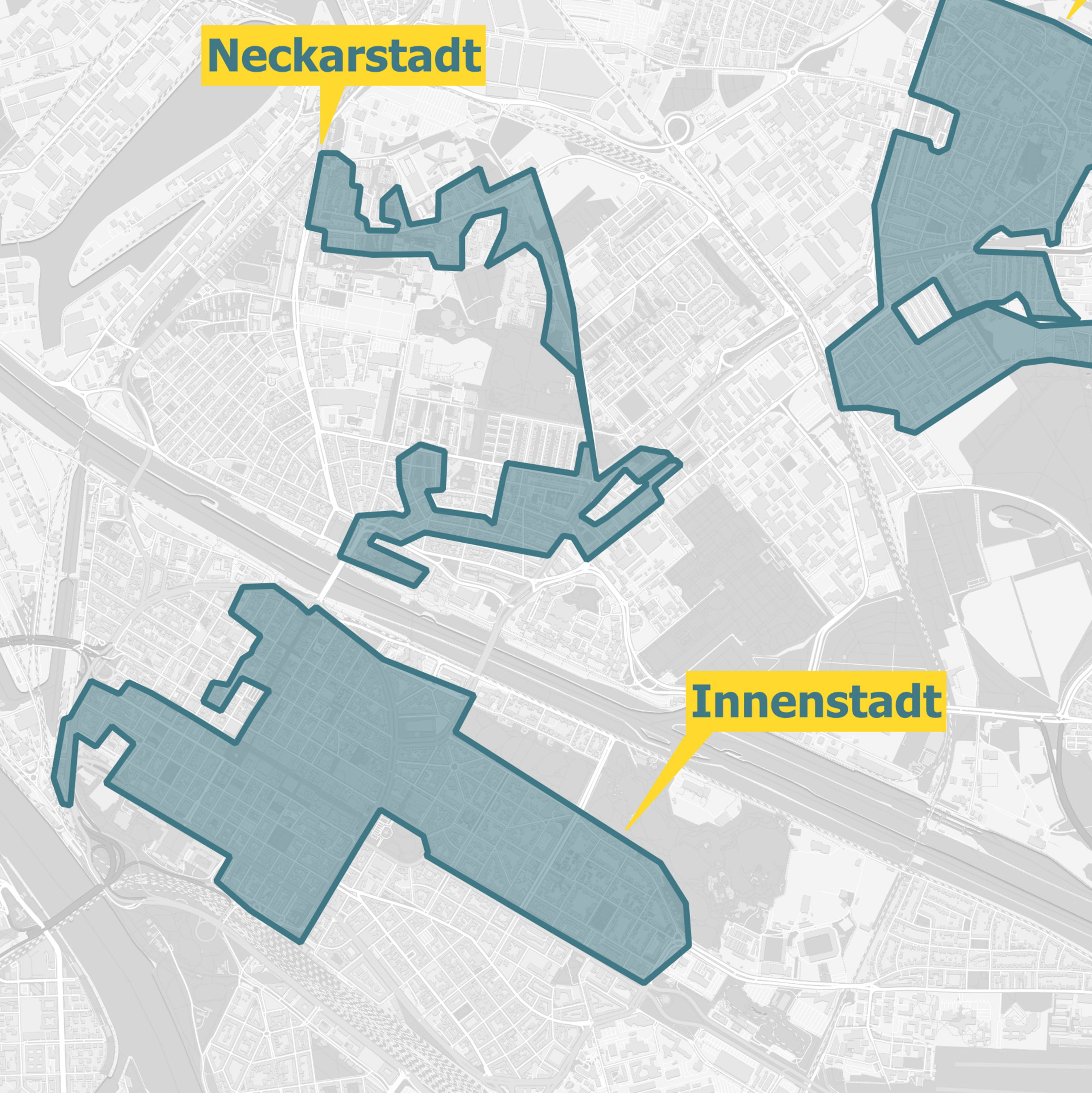 Kartenausschnitt des Glasfaserausbaugebiets OXG in der Mannheimer Innenstadt