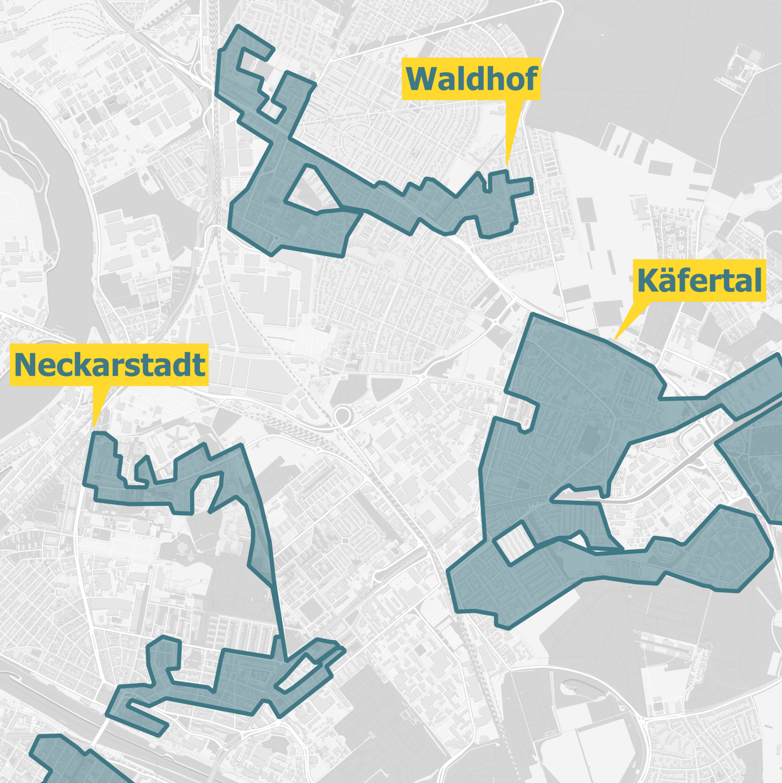 Kartenausschnitt des Glasfaserausbaugebiets OXG in Mannheim-Waldhof. Das Ausbaugebiet ist farblich hervorgehoben und zeigt die abgedeckten Straßen und Häuserblöcke.