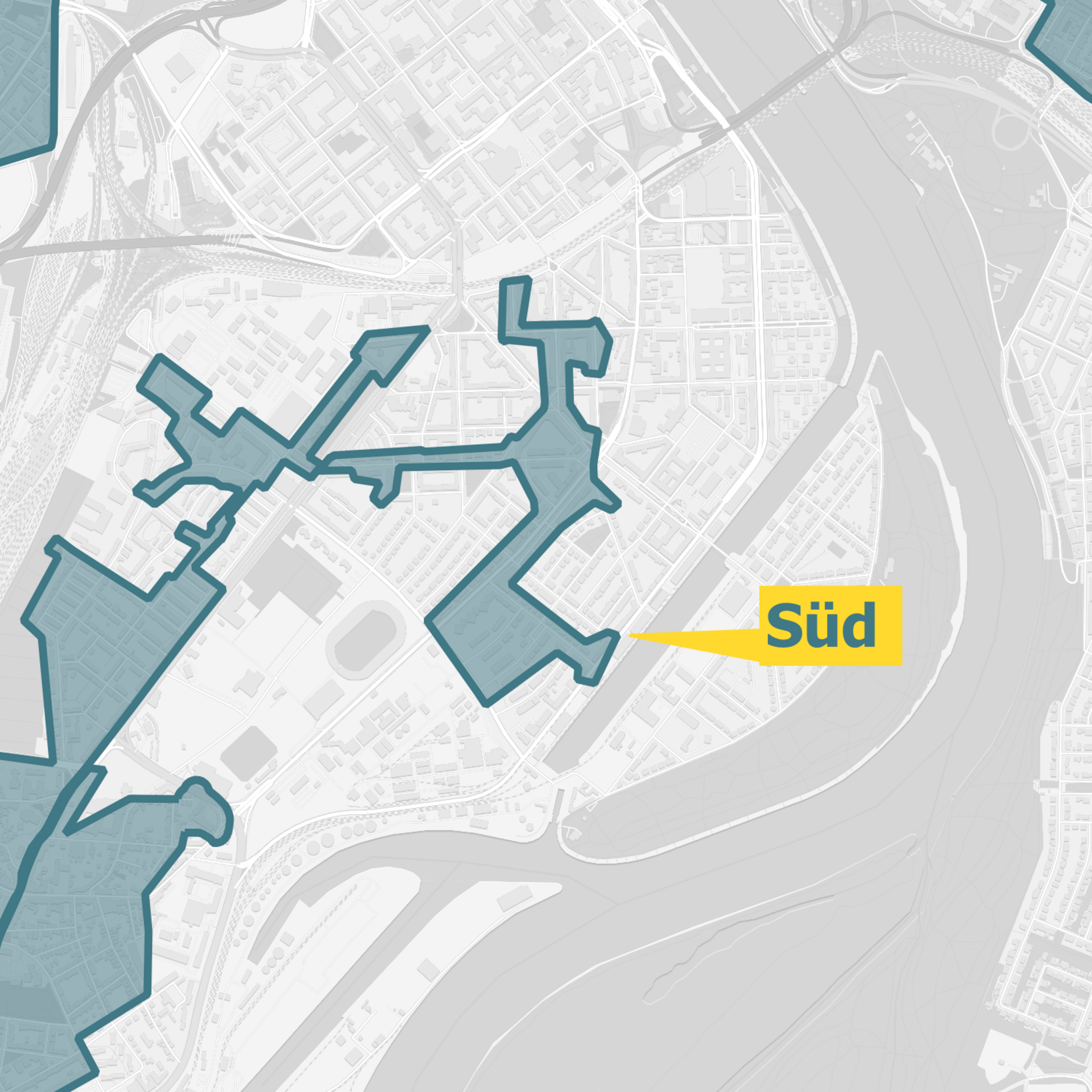 Stadtkarte von Ludwigshafen mit dem Glasfaserausbaugebiet OXG blau markiert.