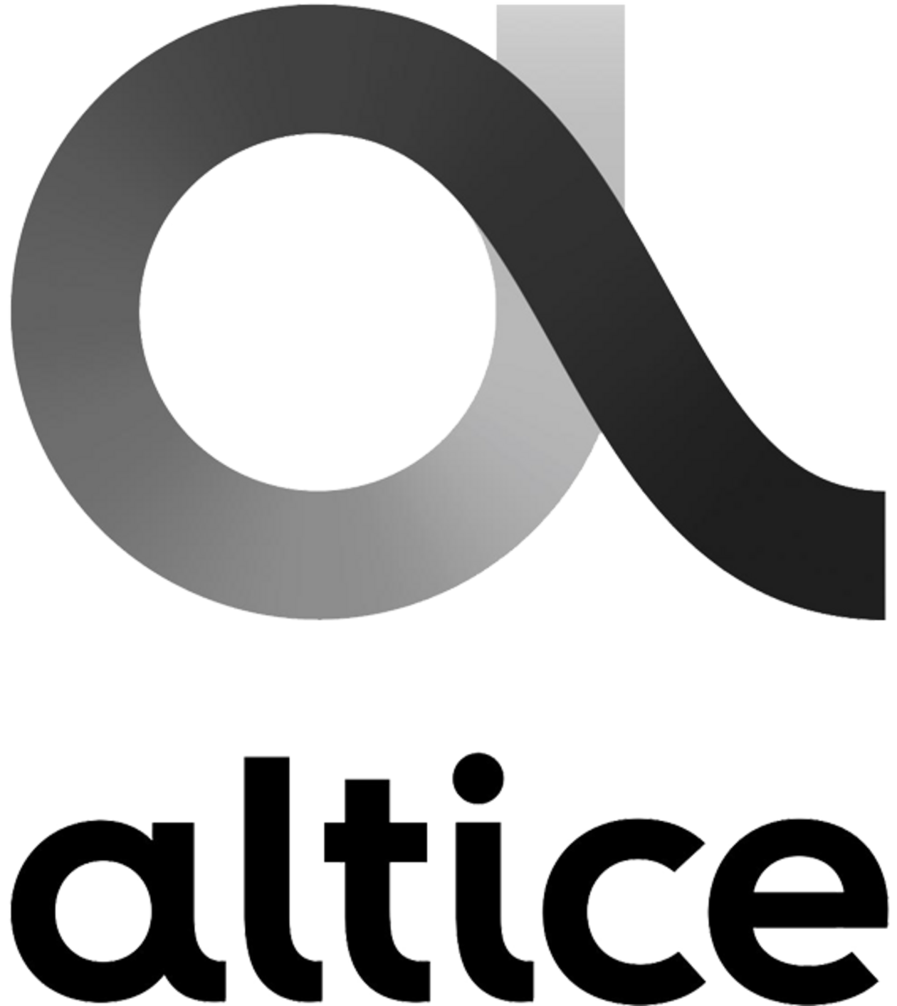 Logo des Unternehmens Altice, bestehend aus einem stilisierten, geschwungenen "A" in Grau- und Schwarztönen sowie dem Schriftzug "altice" in Schwarz