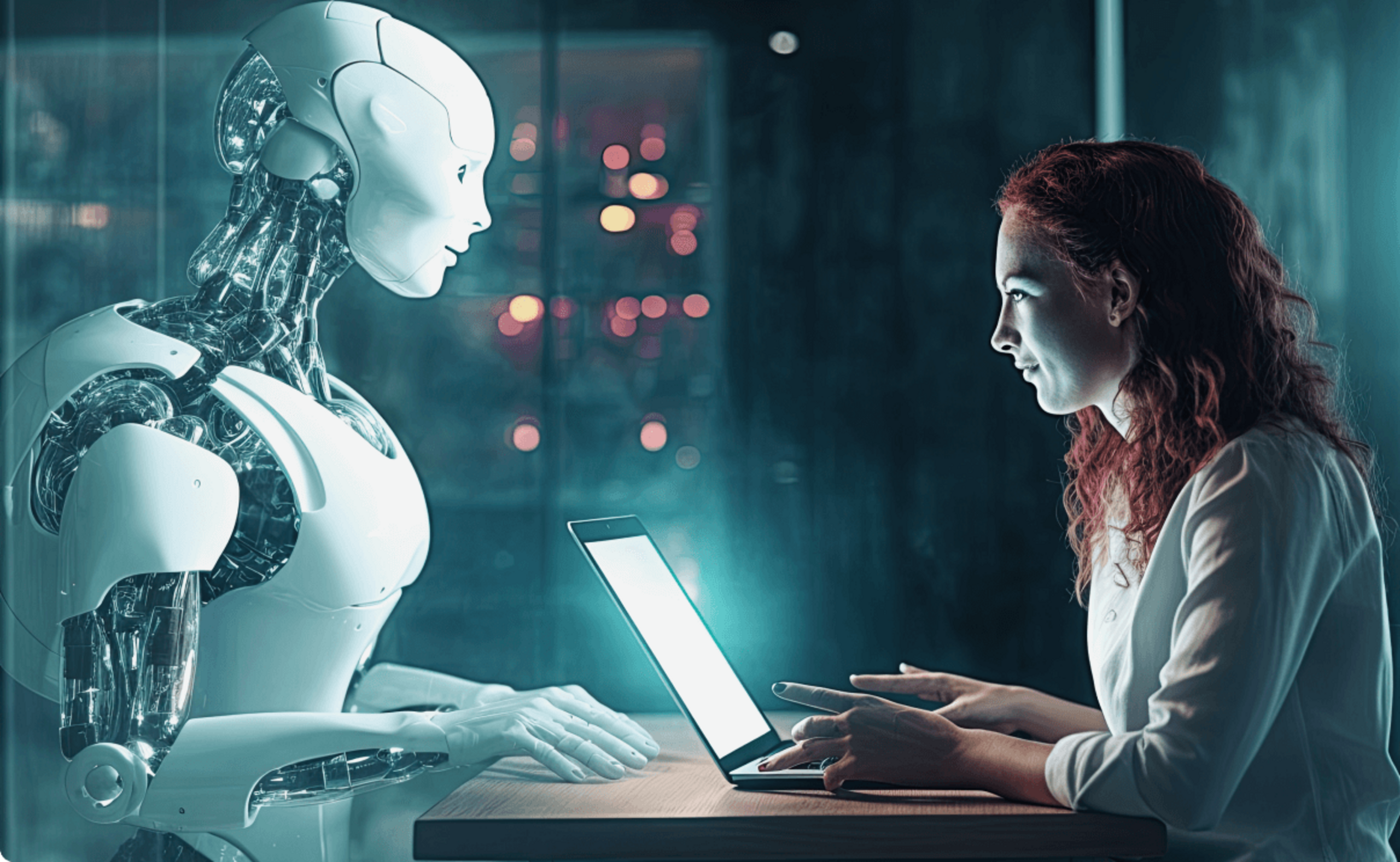 OXG Glasfasernetz Wohnungswirtschaft Roboter und Frau am Schreibtisch