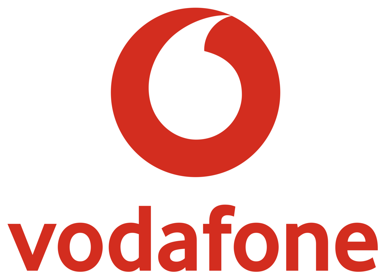 Logo von Vodafone in roter Farbe mit einem stilisierten, weißen Wellen-Symbol über dem Schriftzug „vodafone“