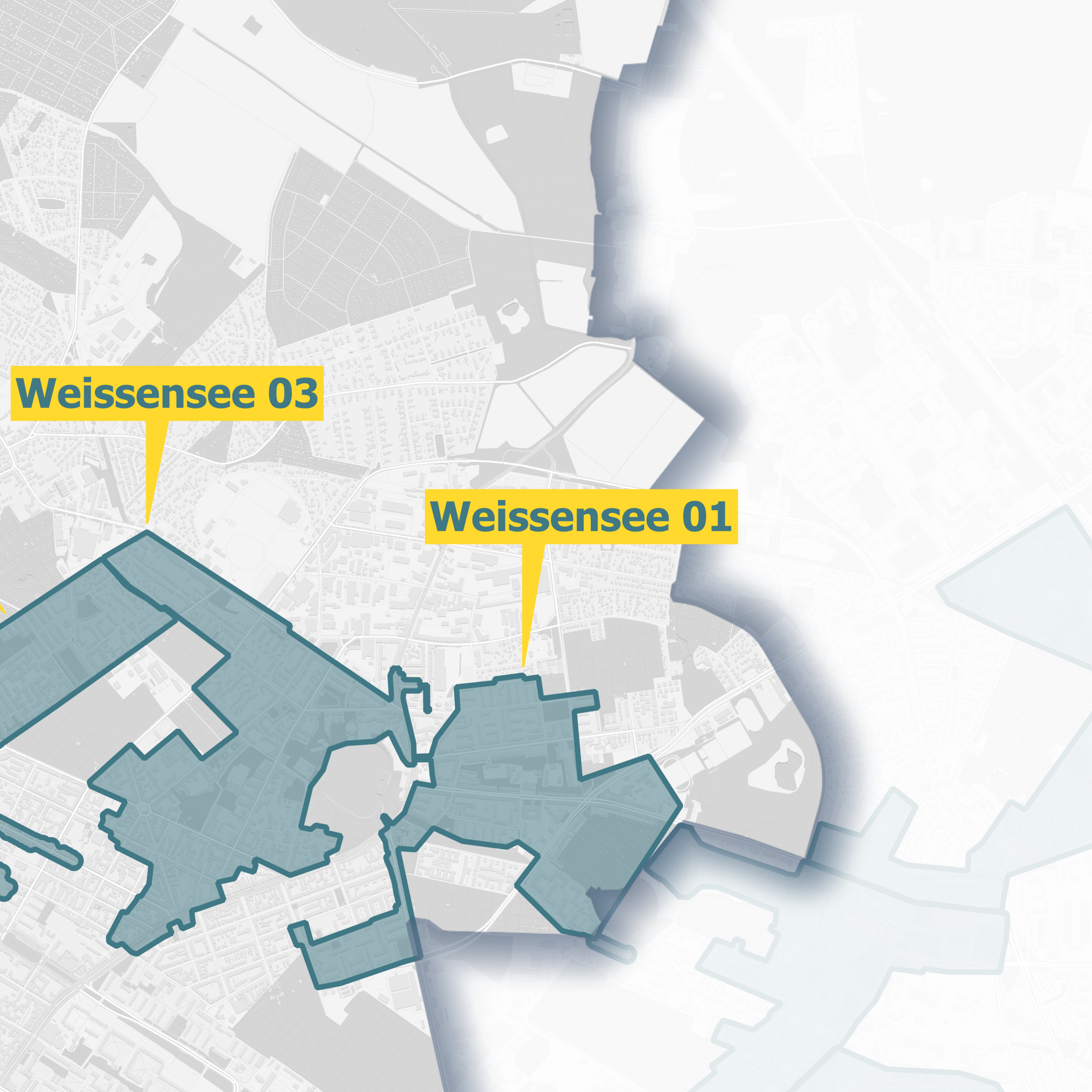 Karte von Berlin mit den Ausbaugebieten für Glasfaser, die die Stadtteile Weissensee markieren