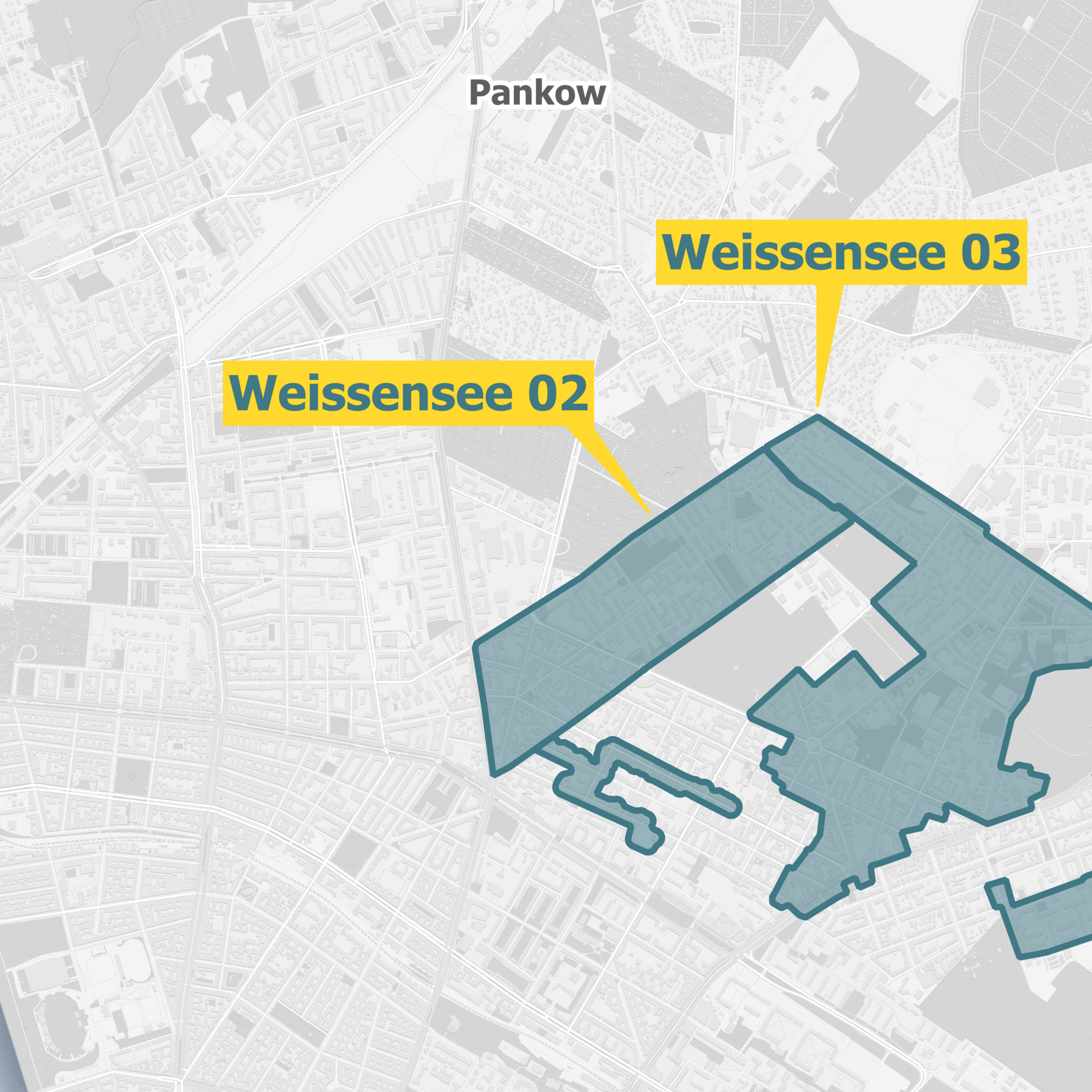 Karte von Berlin mit den Ausbaugebieten für Glasfaser, die die Stadtteile Weissensee markieren