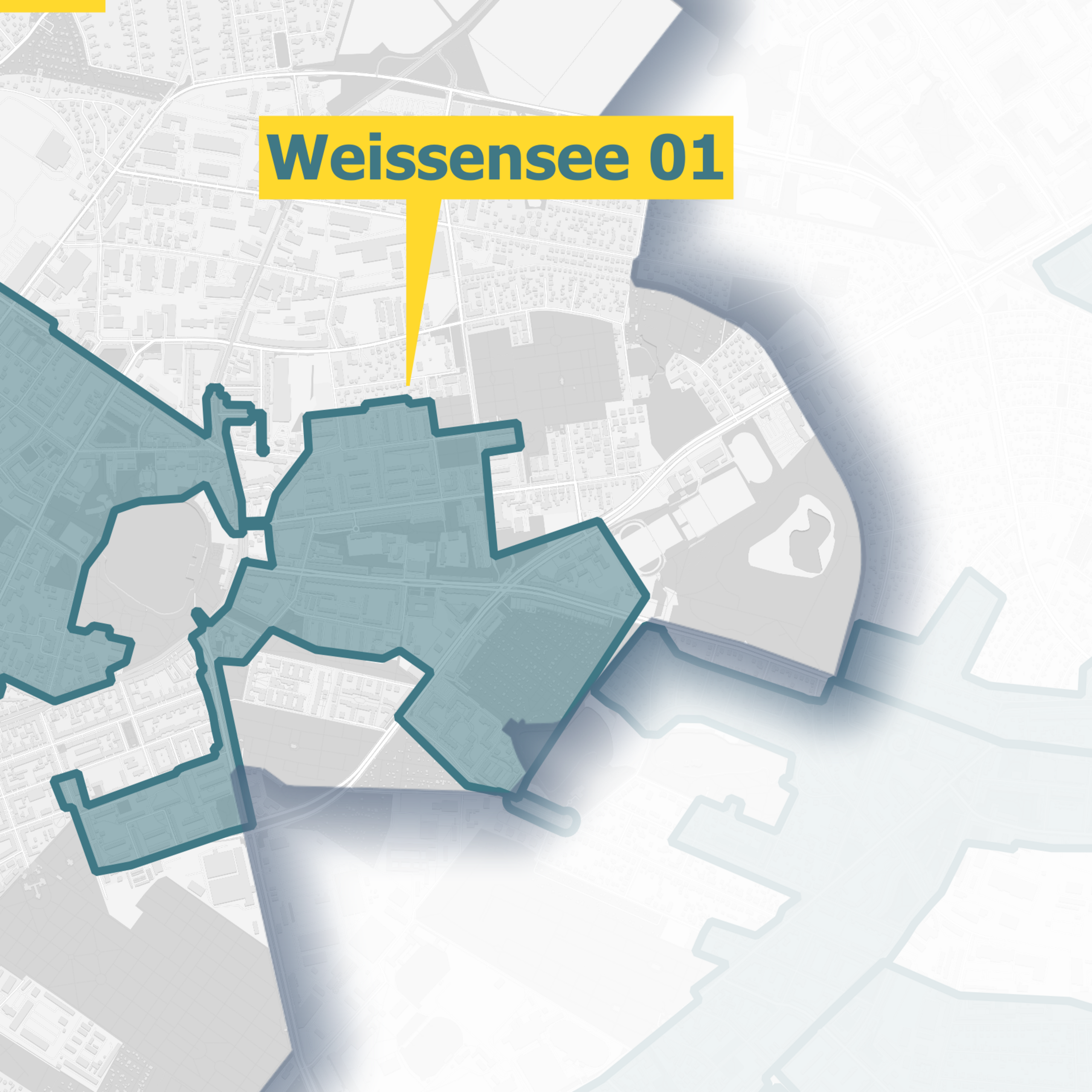 Karte von Berlin mit den Ausbaugebieten für Glasfaser, die die Stadtteile Weissensee markieren