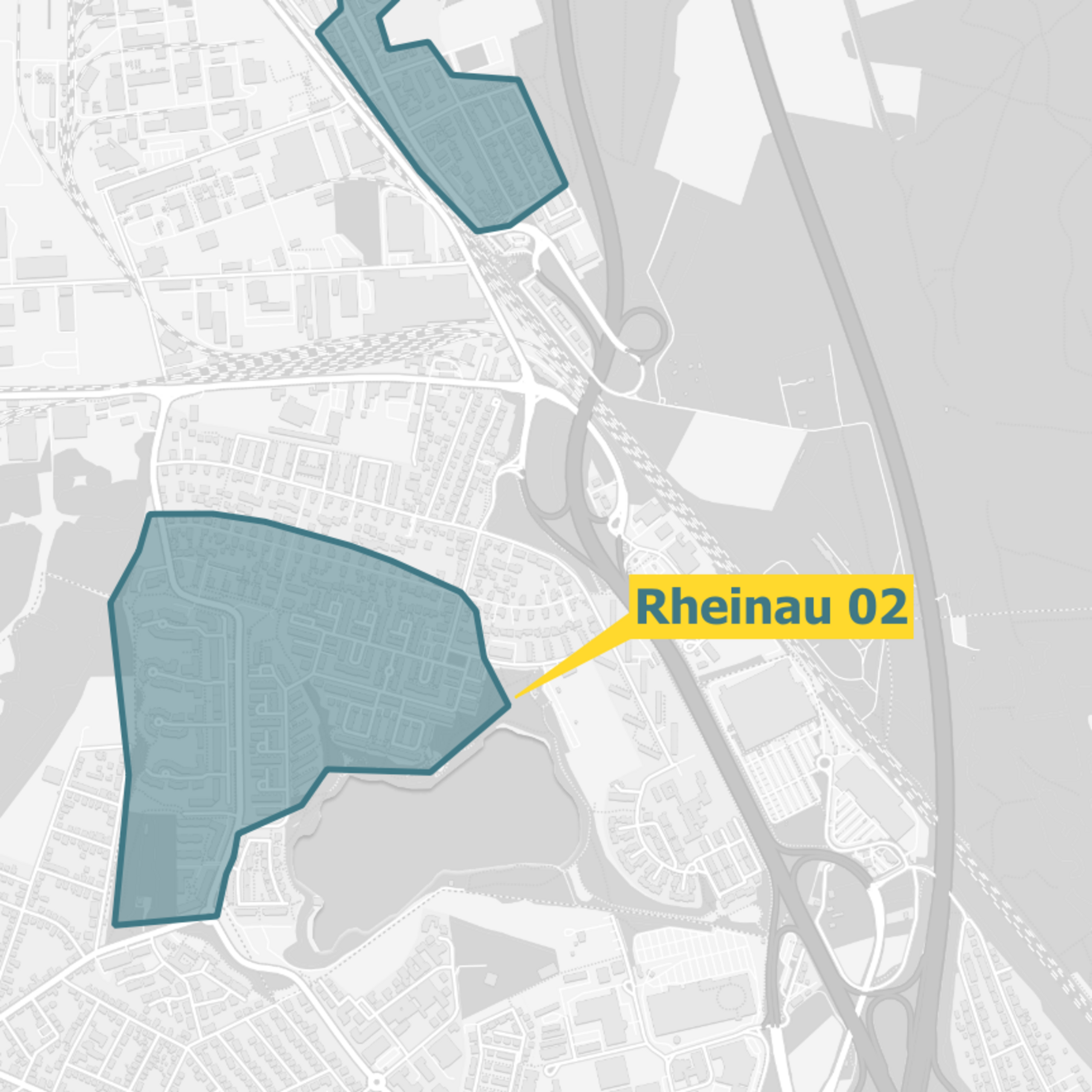 Kartenausschnitt des Glasfaserausbaugebiets OXG in Mannheim-Rheinau. Das Ausbaugebiet ist farblich hervorgehoben.