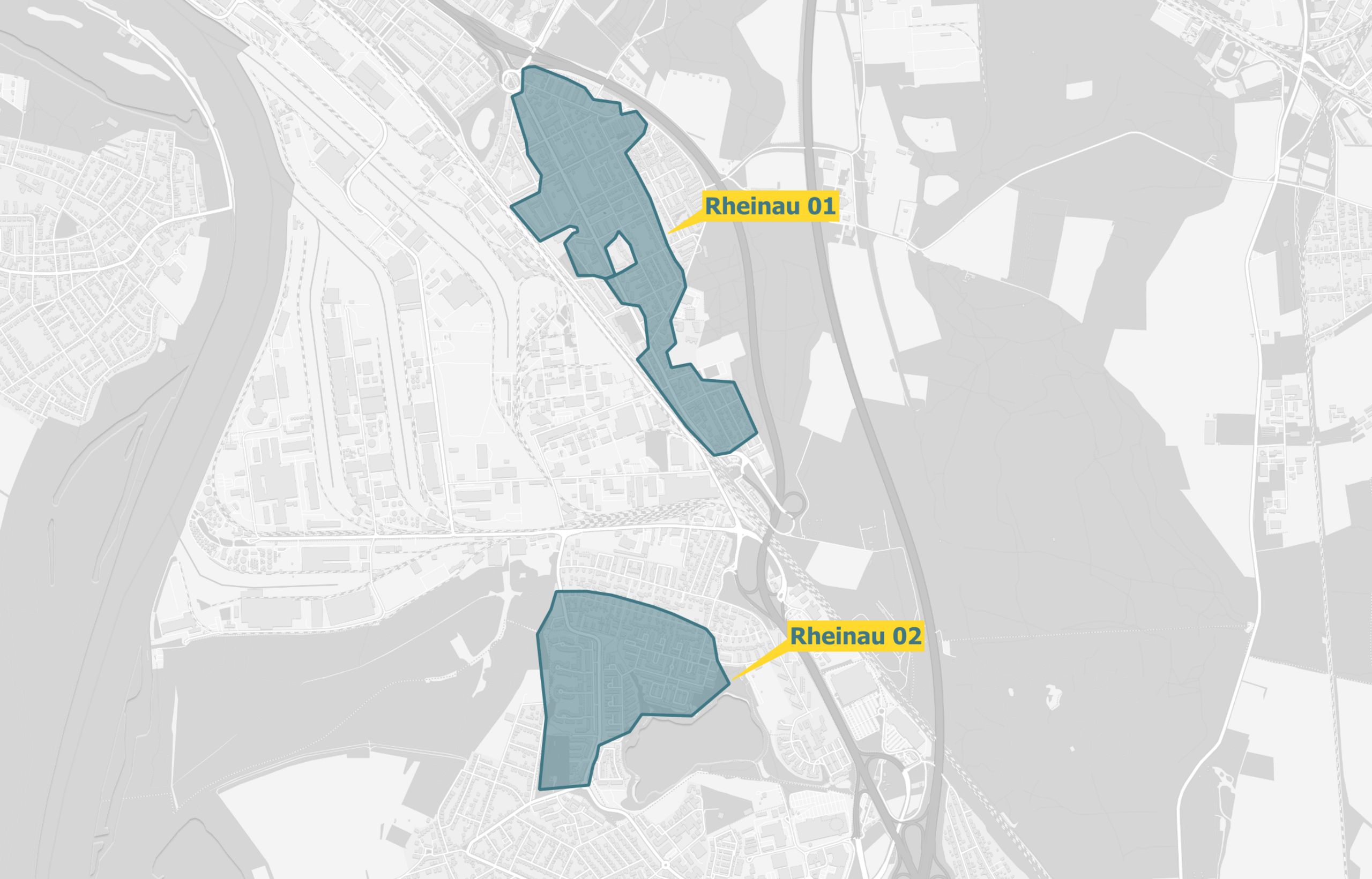 Kartenausschnitt des Glasfaserausbaugebiets OXG in Mannheim-Rheinau. Das Ausbaugebiet ist farblich hervorgehoben