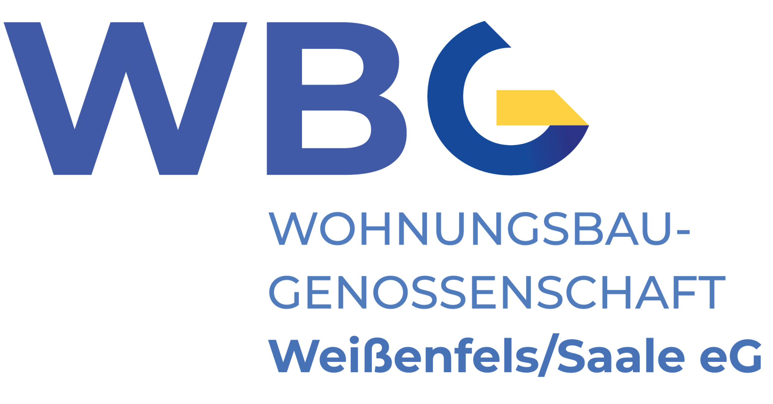 Logo der Wohnungsbau-Genossenschaft Weißenfels/Saale eG in blauer Schrift, bestehend aus den Buchstaben "WBG" und einem grafischen Element in Gelb.