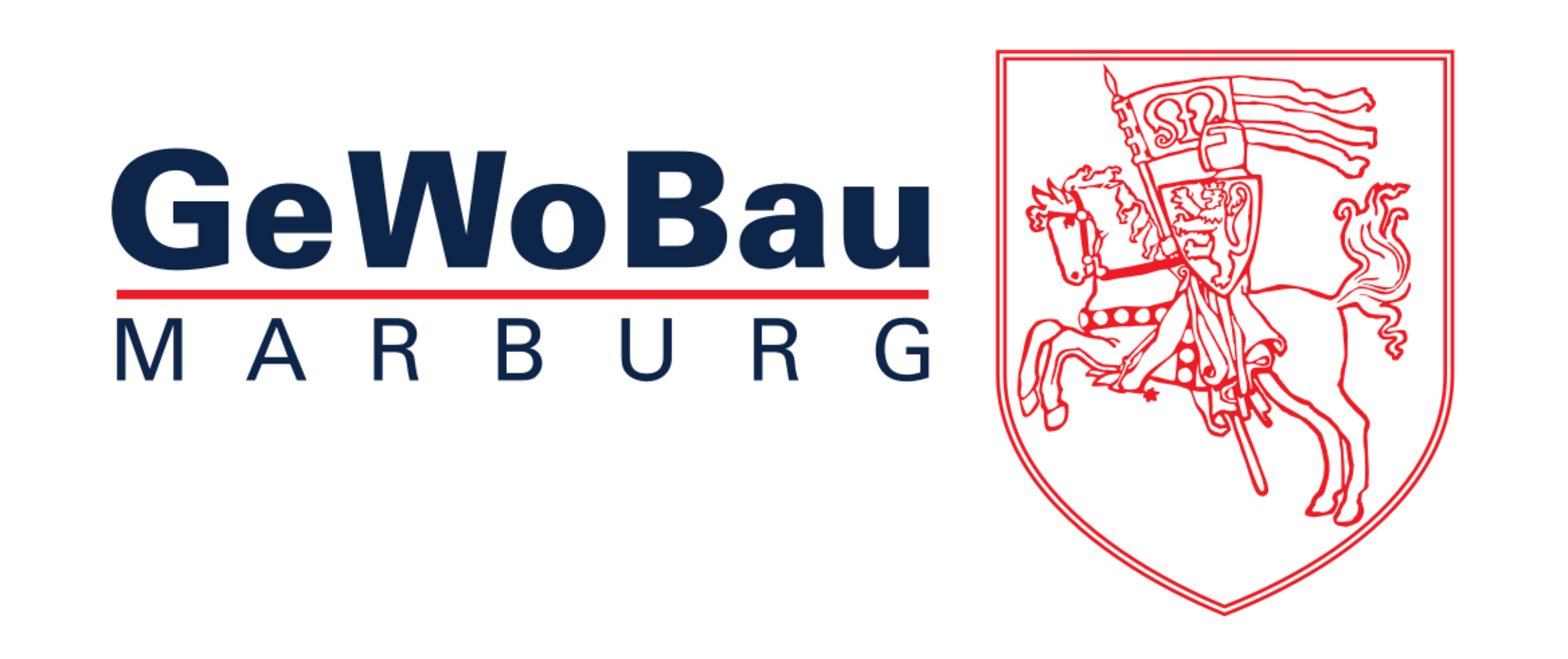 Logo der Gemeinnützigen Wohnungsbau GmbH Marburg mit einem stilisierten Ritter auf einem Pferd und dem Schriftzug „GeWoBau MARBURG“ in zwei Farben