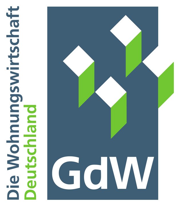 Logo der GdW (Der Eigentümerverband) mit der Aufschrift „Die Wohnungswirtschaft Deutschland“ und grafischen Elementen in grün und weiß