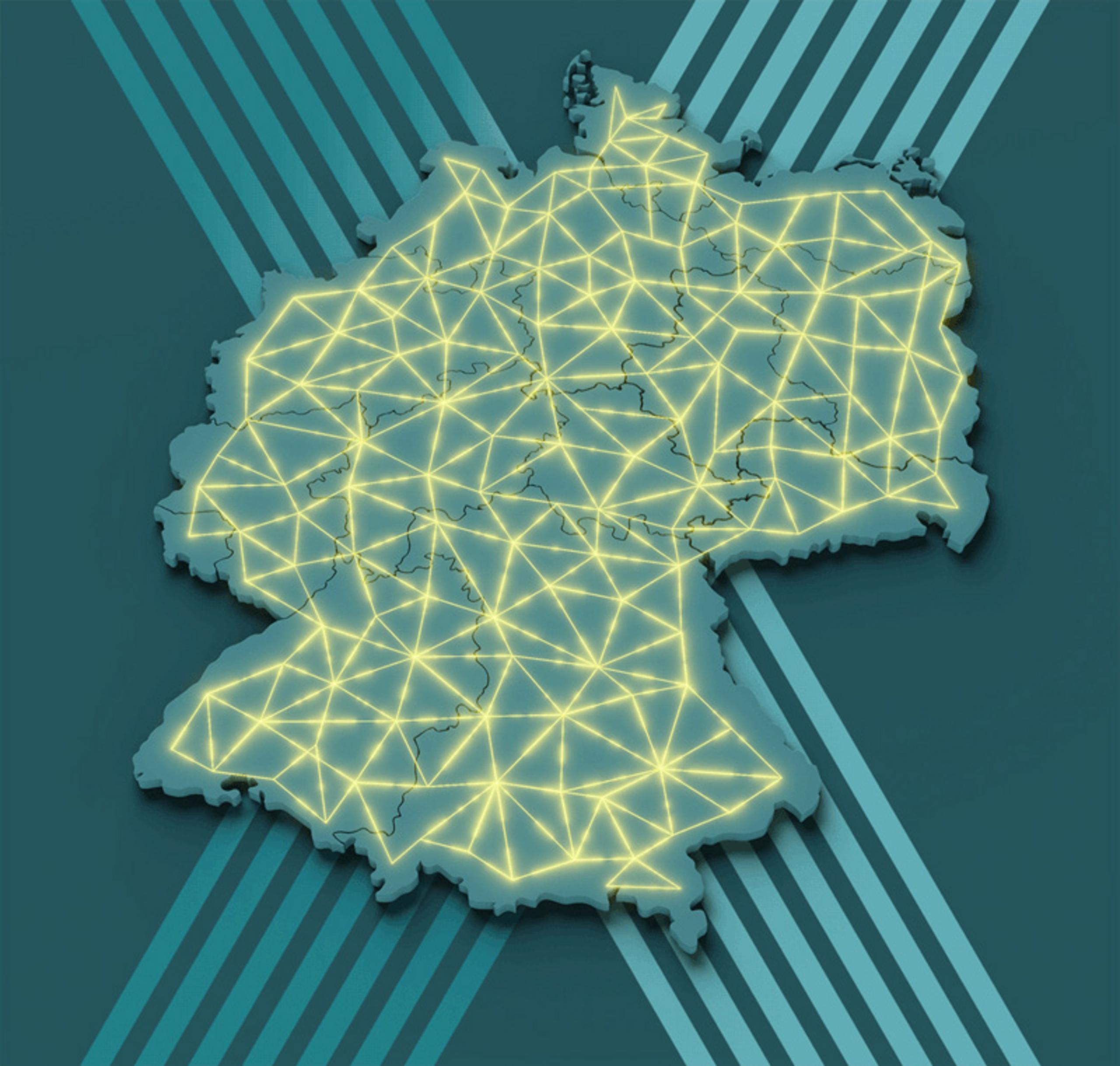 Grafische Darstellung einer Landkarte von Deutschland in einer blauen Farbpalette mit geometrischen Linien im Hintergrund