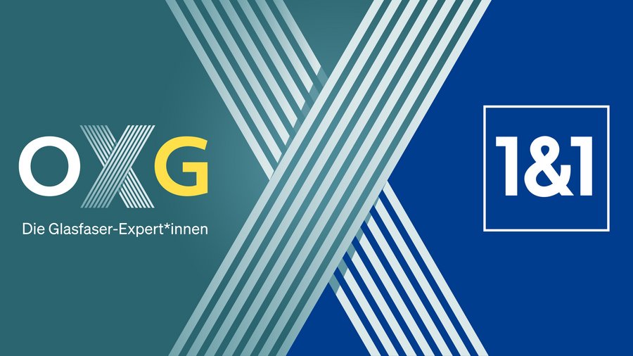 Logo und Markenbranding von OXG und 1&1 mit dem Slogan „Die Glasfaser-Expert*innen“ in einem grafischen Design mit diagonalen Linien und Farbverläufen