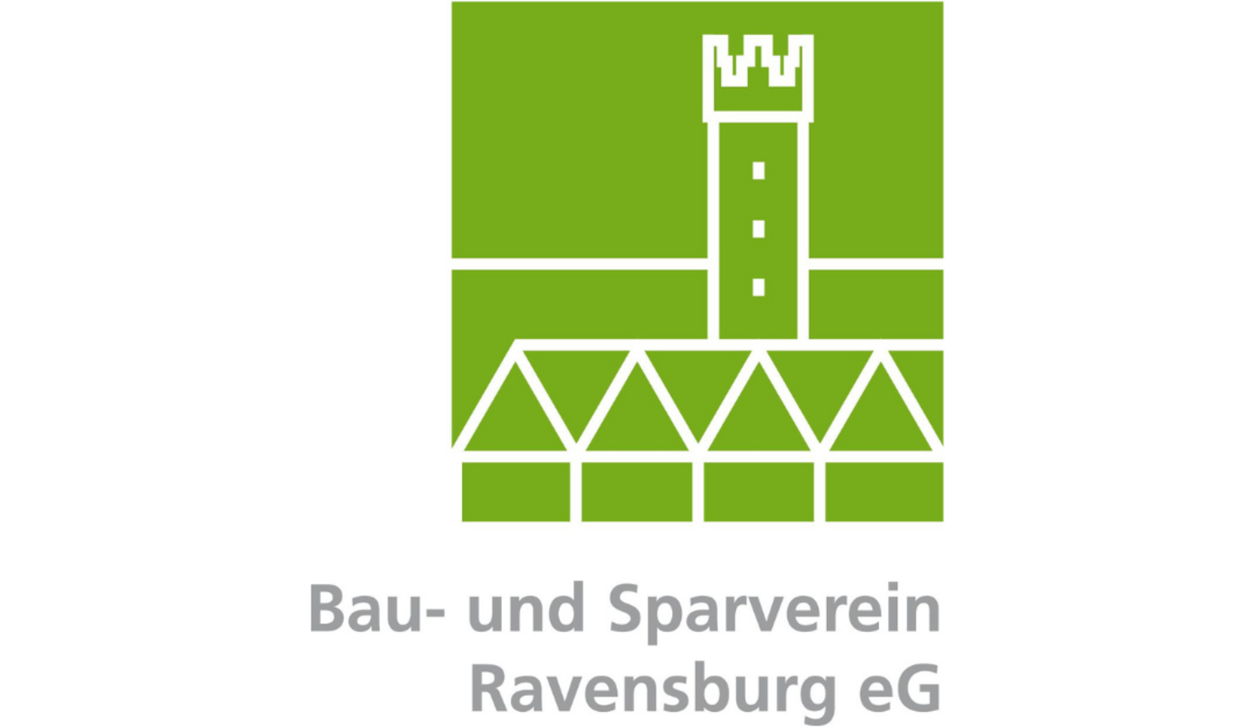 Logo des Bau- und Sparvereins Ravensburg eG mit einem stilisierten Turm und einem Gebäude aus Dreiecken und Rechtecken in grüner Farbe.