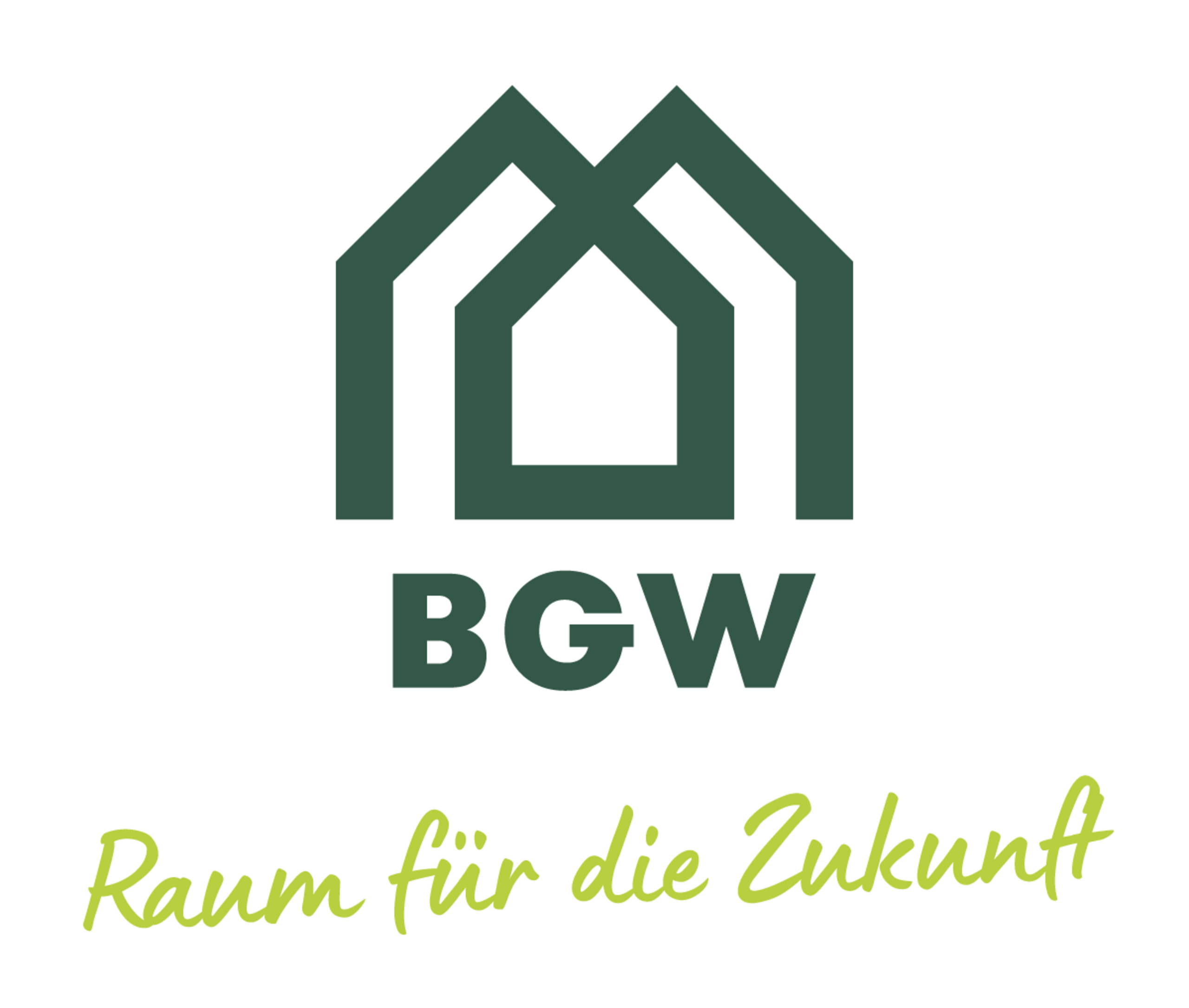 BGW Logo: dunkelgrünes, stilisiertes Haus-Symbol mit dem Schriftzug „BGW“ und dem Claim „Raum für die Zukunft“ in hellgrüner Schreibschrift.