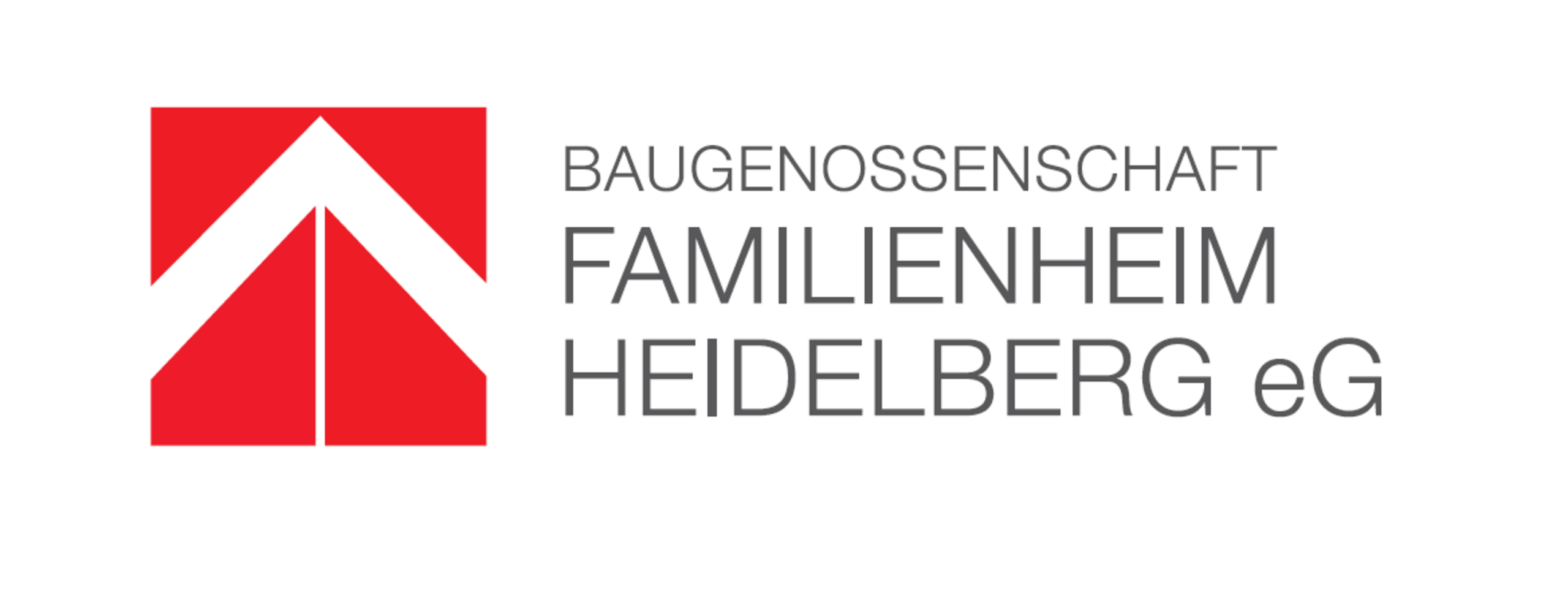 Logo der Baugenossenschaft Familienheim Heidelberg eG mit einem dreieckigen, roten Dachsymbol und grauer Schrift