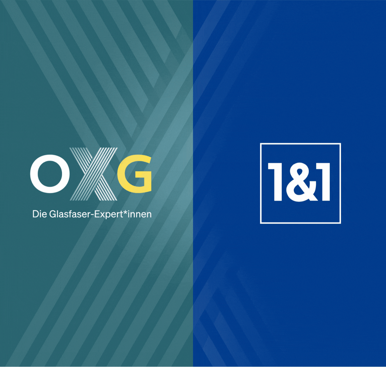 Logo der Glasfaser-Experten OXG auf blauem Hintergrund sowie das Logo von Vodafone auf rotem Hintergrund, beide mit diagonalen Linien als dekorativem Element